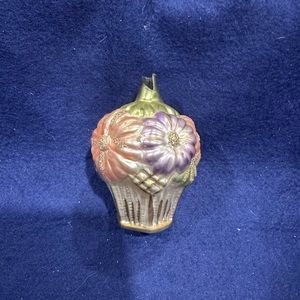 Vintage German Mercury Glass Christmas Ornament Floral Basket Cupcake